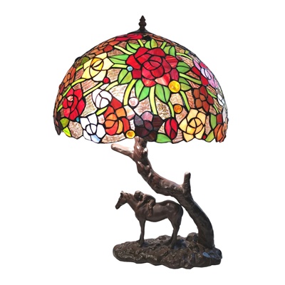Vibrálóan színes Tiffany asztali lámpa szobor talapzattal