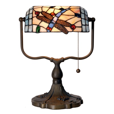 Szitakötő dekoros Tiffany asztali bank lámpa húzókapcsolóval